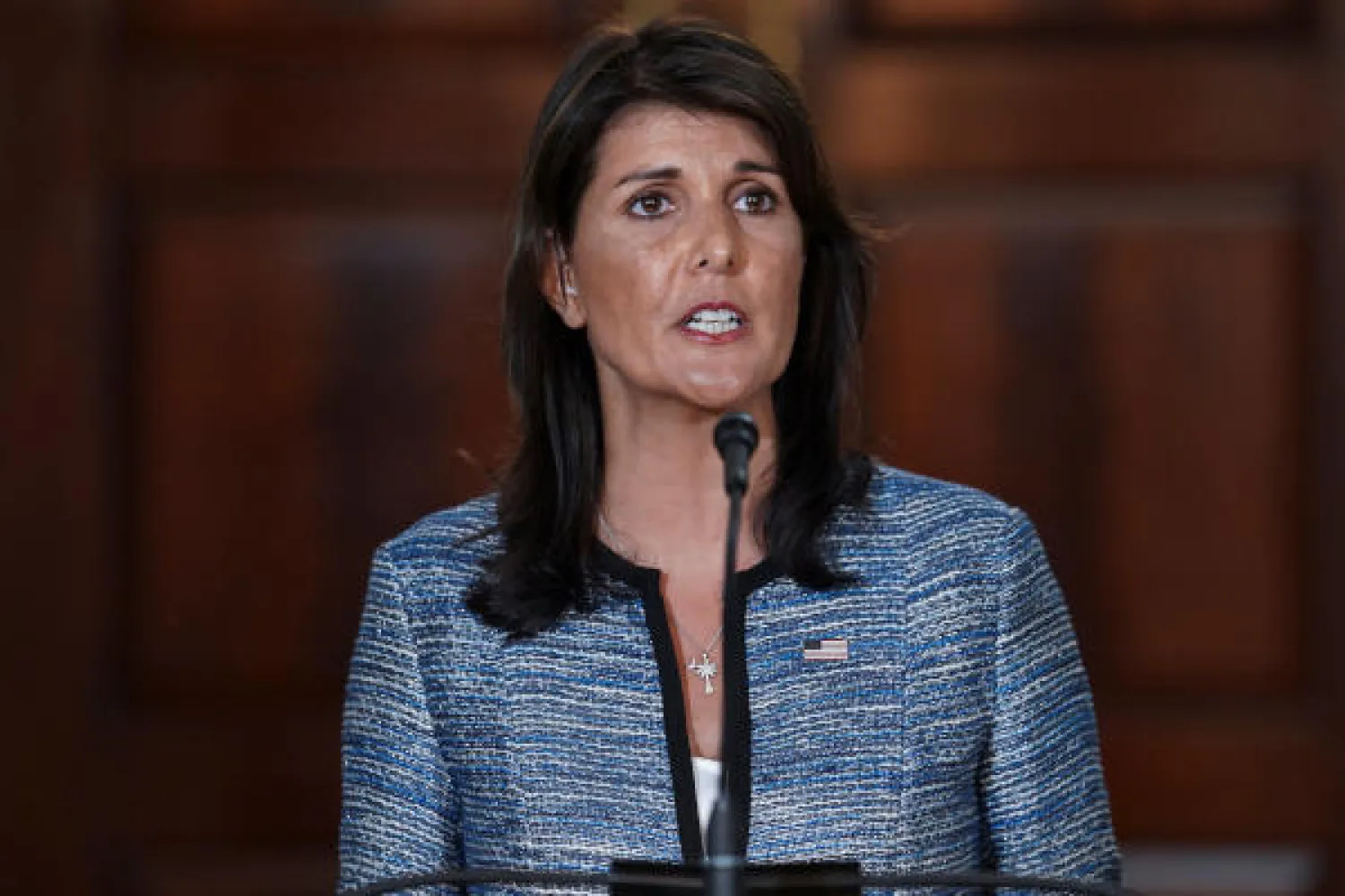 السفيرة الأميركية لدى الأمم المتحدة نيكي هايلي خلال إعلانها انسحاب واشنطن من مجلس حقوق الإنسان (رويترز)