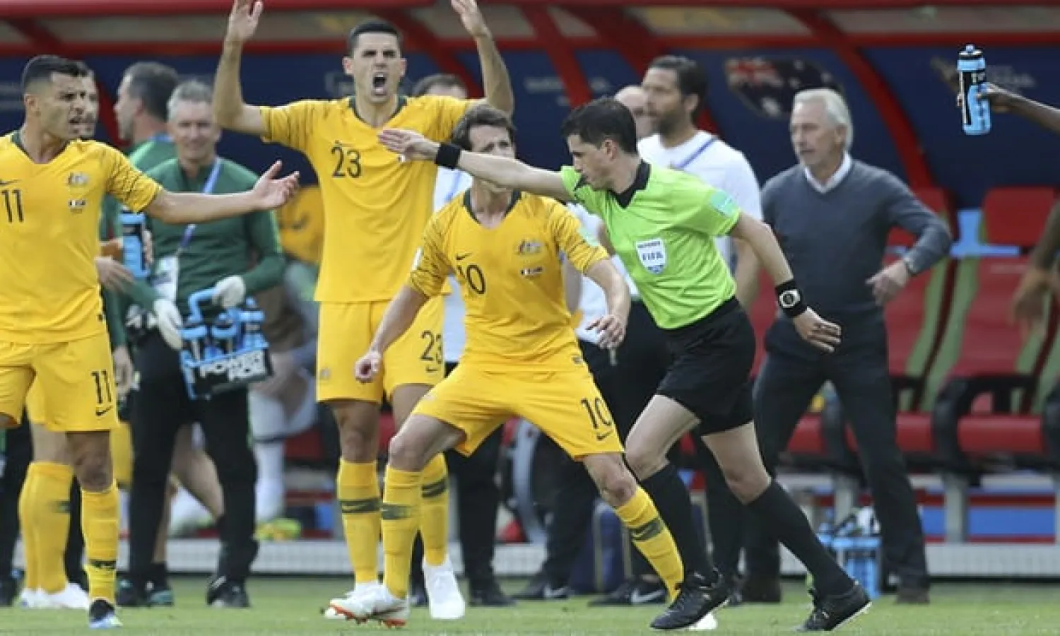  Australian players react angrily as the Uruguayan referee, Andrés Cunha, awards France a penalty after consulting the VAR during the sides’ Group C match. Photograph: David Vincent/AP
