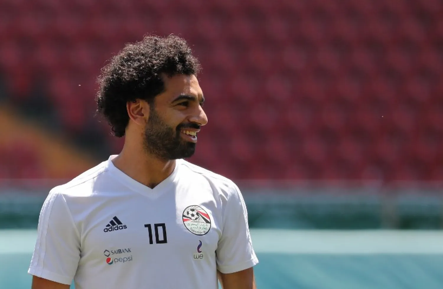 Egypt's forward Mohamed Salah looks on during a training session at the Akhmat Arena stadium in Grozny on June 23, 2018. KARIM JAAFAR / AFP