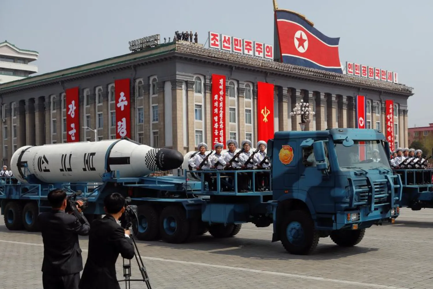 Military vehicles carry missiles during a military parade in Pyongyang in April 2017. (Reuters)