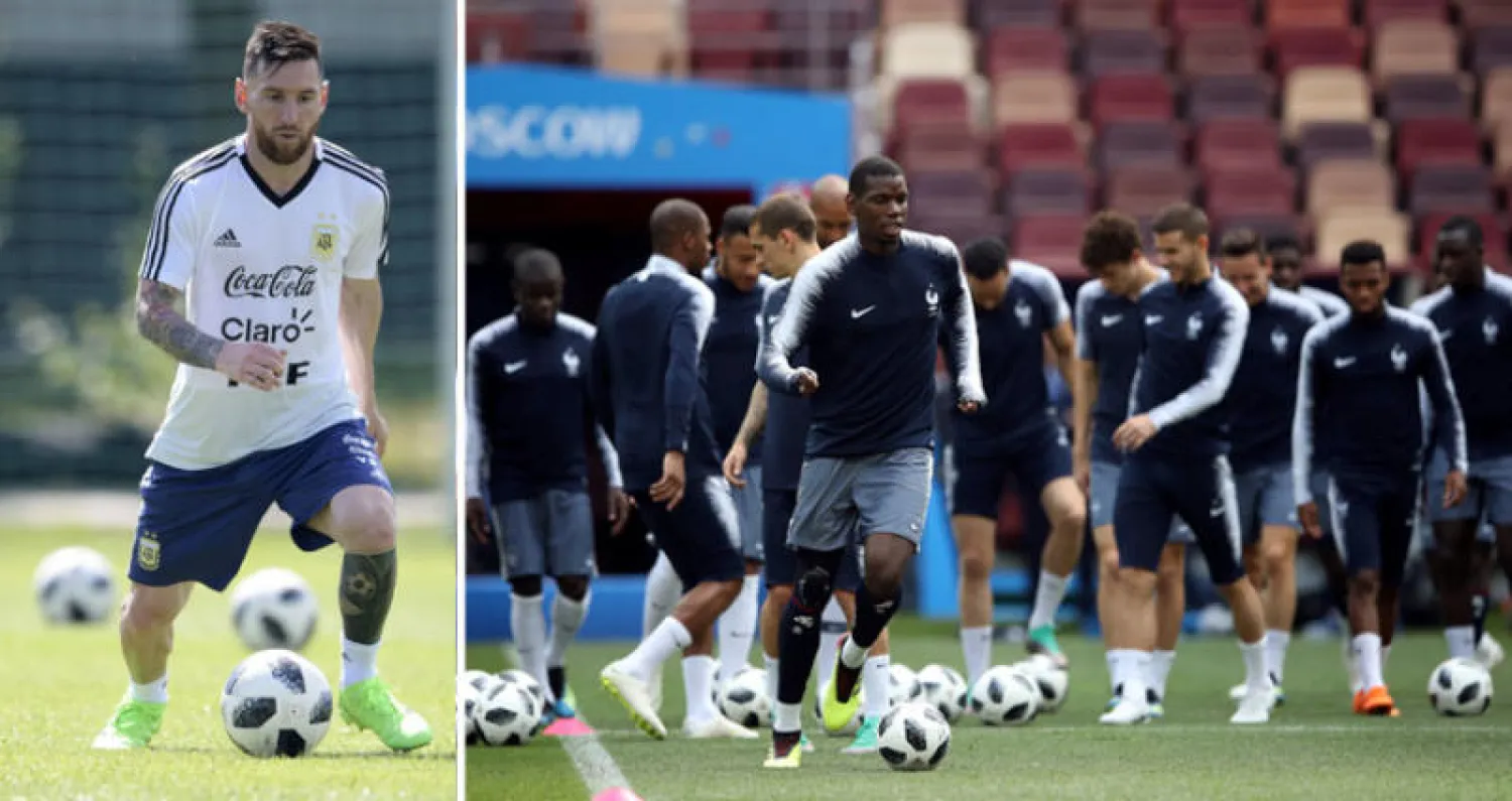 بوغبا يتقدم زملاءه في تدريب المنتخب الفرنسي قبل المواجهة الحاسمة مع الأرجنتين (رويترز) - ميسي حمل آمال الأرجنتين في العبور لربع النهائي (أ.ف.ب)