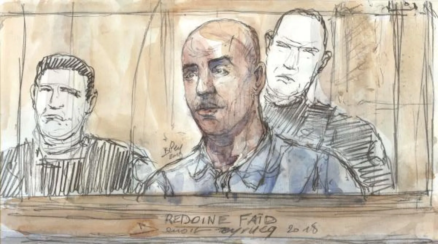 رسم لصورة رضوان فايد أثناء محاكمته في 27 فبراير الماضي بمحكمة آسيس في باريس (أ.ف.ب)