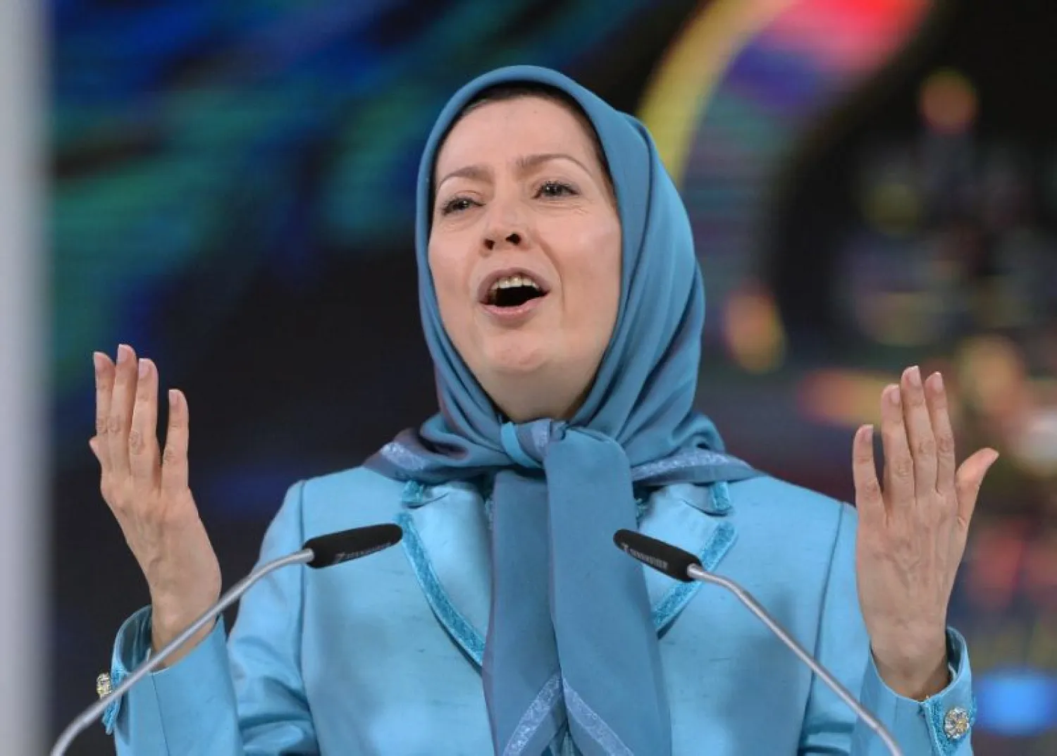 Maryam Rajavi, president of the National Council of Resistance of Iran, gestures during the annual meeting of the Iranian resistance in Villepinte, near Paris. (AFP)