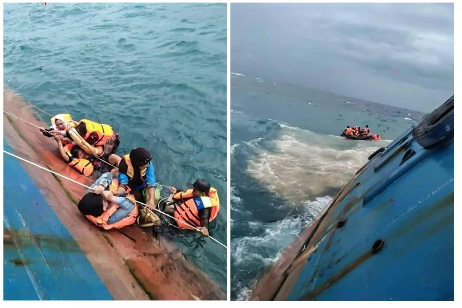 A combination picture shows survivors of KM Lestari Maju boat in the waters of Selayar island, South Sulawesi province, Indonesia, July 3, 2018. Antara Foto/Handout/RelawanBNPB/via REUTERS