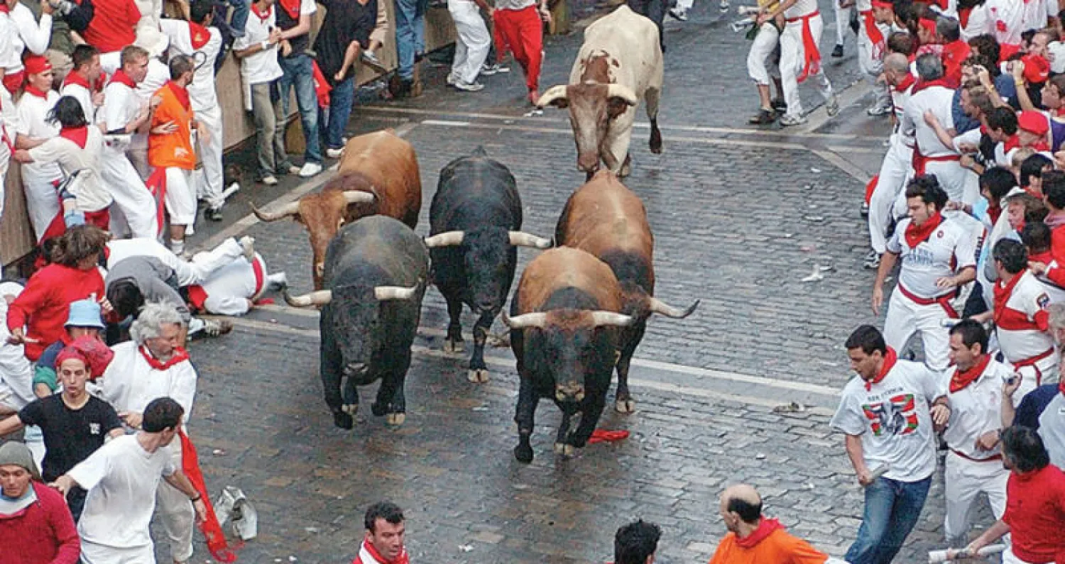 سيلٌ من القمصان والسراويل البيضاء والمحارم الحمر في طرقات مدينة بامبلونا الأسبانية بمناسبة إحتفالات «سان فرمين»