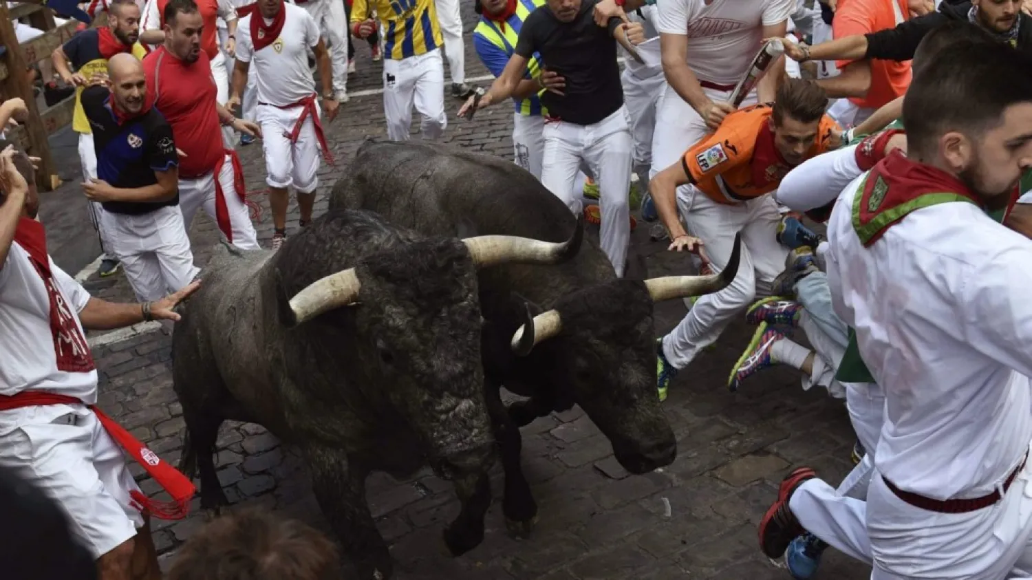 Five people were wounded as the Pamplona bull run kicked off in Spain. (AFP)