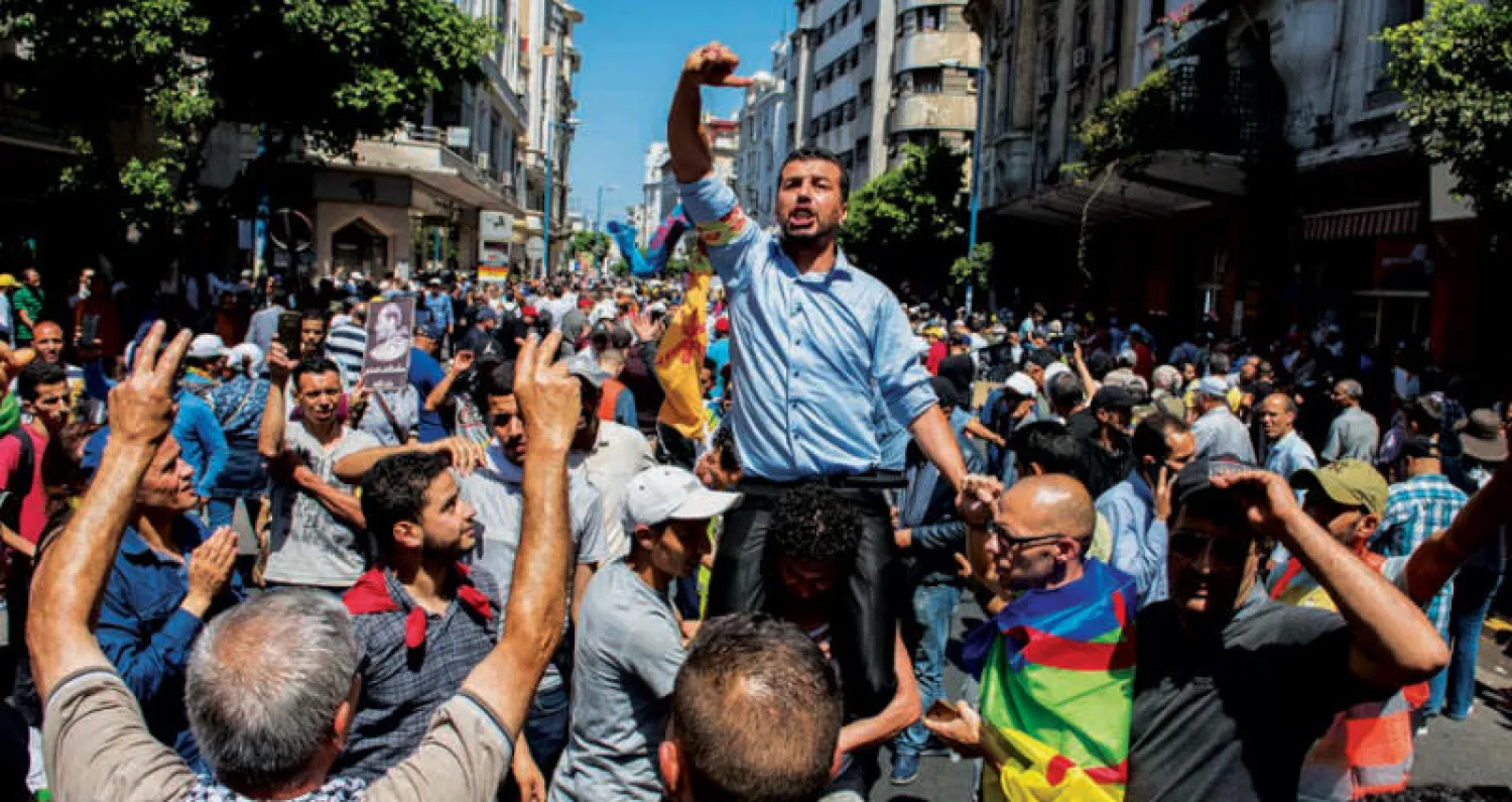 جانب من المظاهرة في الدار البيضاء أمس (إ.ب.أ)