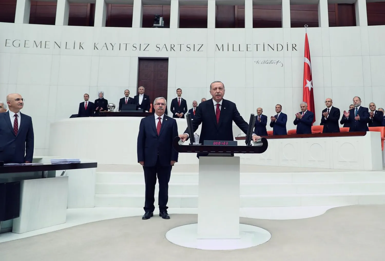 Turkish President Tayyip Erdogan takes the oath of office for a new presidential term, at the Parliament in Ankara, Turkey July 9, 2018. Kayhan Ozer/Presidential Palace/Handout via REUTERS