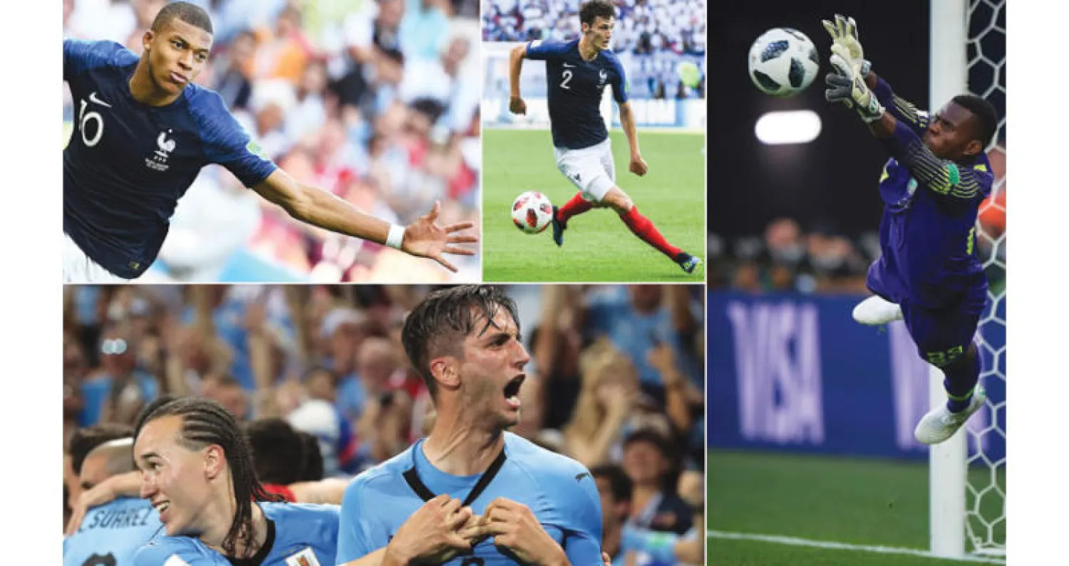 من اليمين فرانسيس أوزوهو حارس نيجيريا والفرنسي بنيامين بافارد ومواطنه مبابي والأوروغواياني بينتانكور