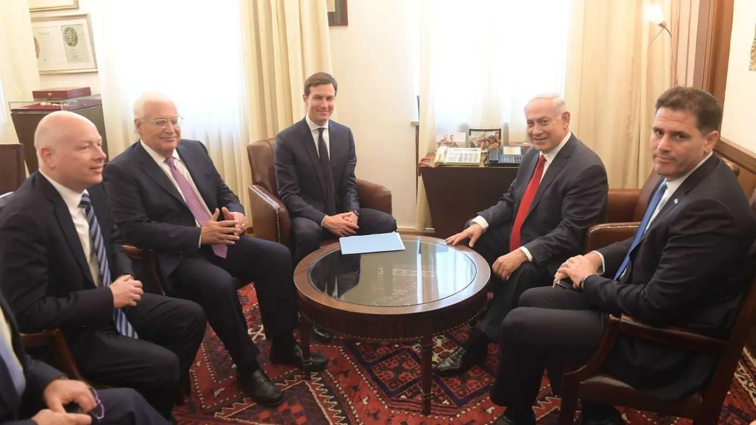 US Ambassador to Israel David Friedman, Special Representative for International Negotiations Jason Greenblatt, Senior Advisor Jared Kushner, Prime Minister Benjamin Netanyahu, and Israeli ambassador to the US Ron Dermer during a meeting in Jerusalem June 22, 2018. US Embassy photo