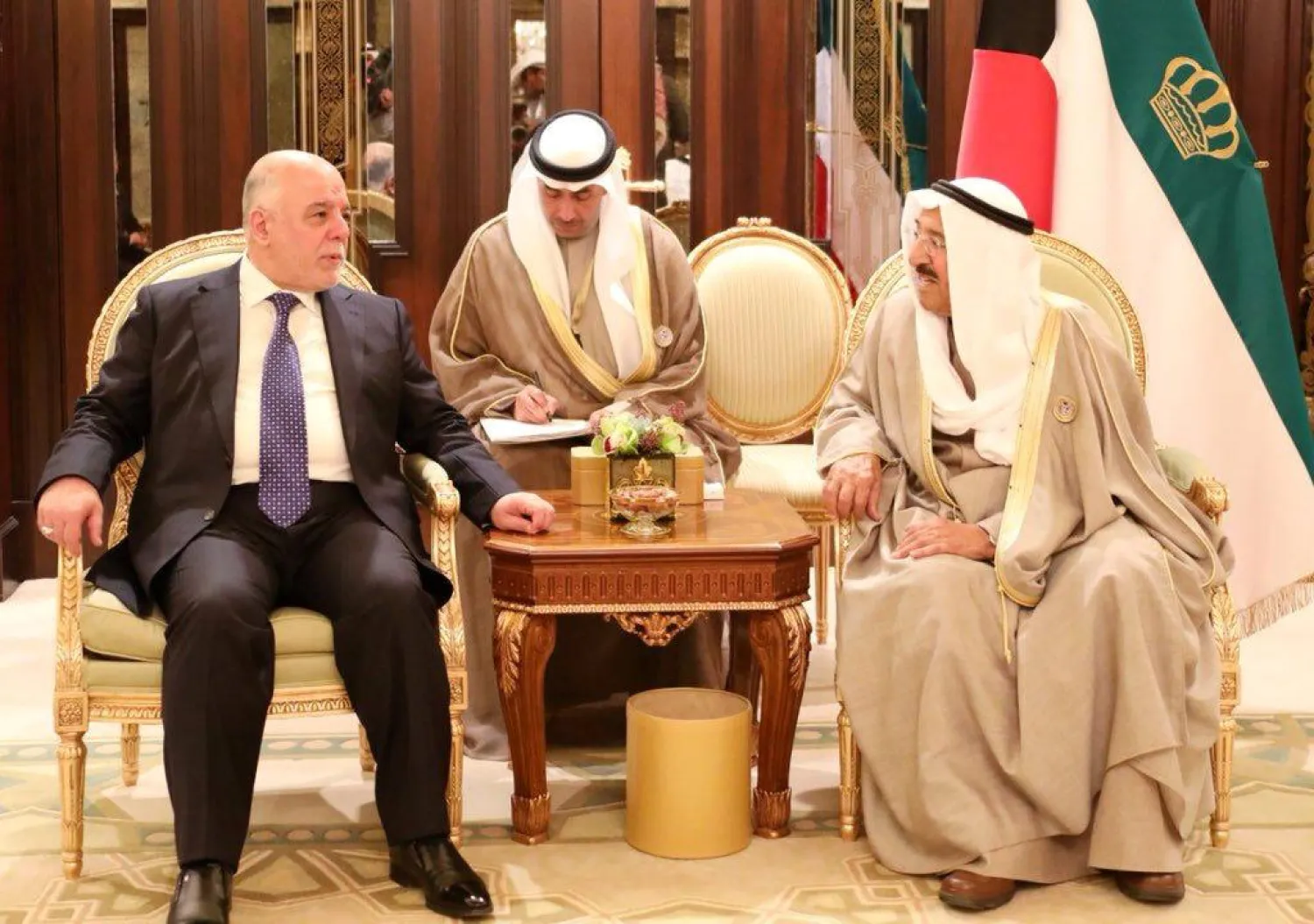 Kuwait's Emir Sheikh Sabah Al Ahmad Al Sabah meets with Iraqi Prime Minister Haider al-Abadi in Kuwait City, Kuwait, February 14, 2018. Iraqi Prime Minister Media Office/via Reuters