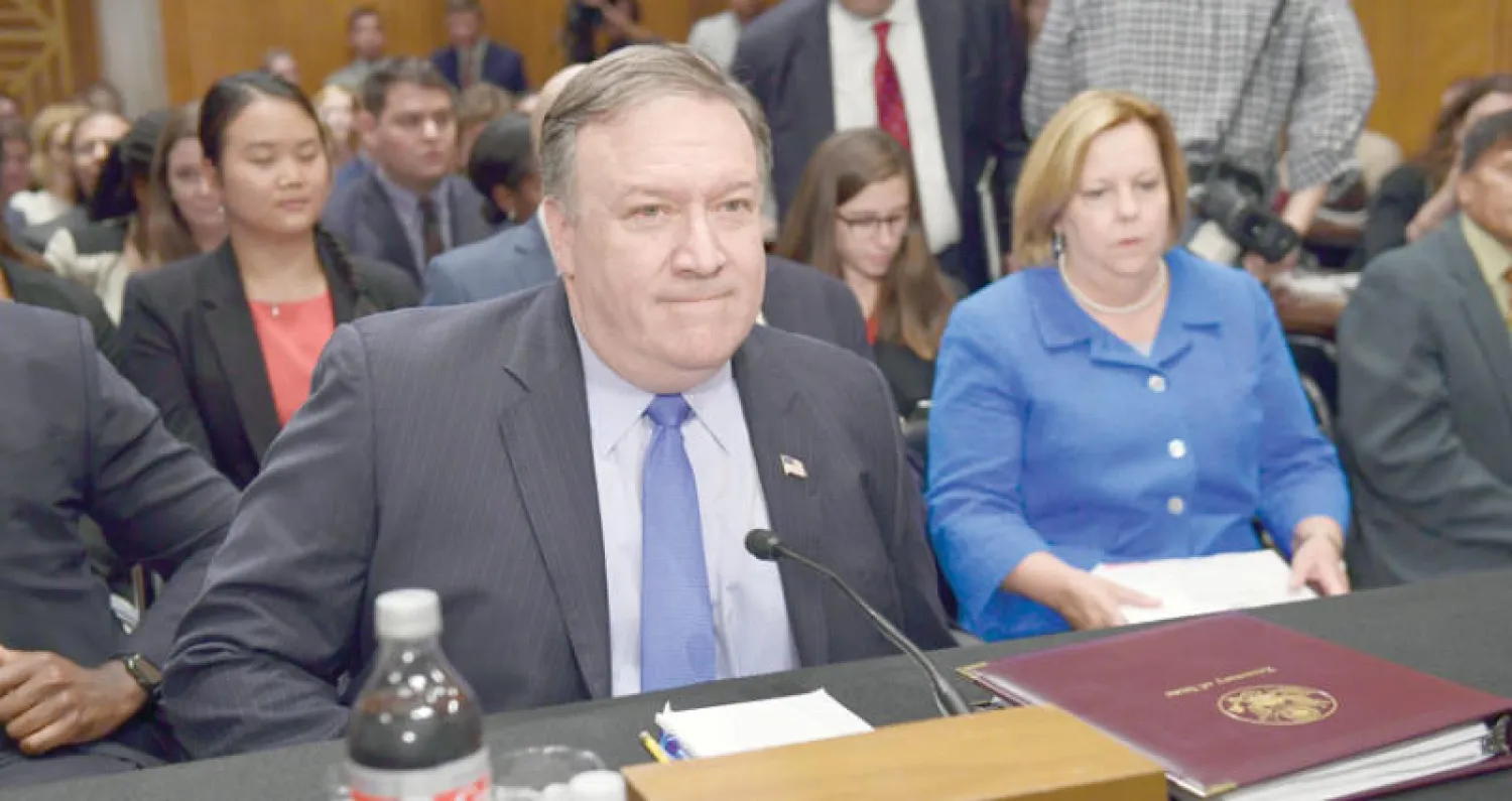 بومبيو خلال جلسة استماع أمام لجنة العلاقات الخارجية في مجلس الشيوخ أول من أمس (أ.ب)