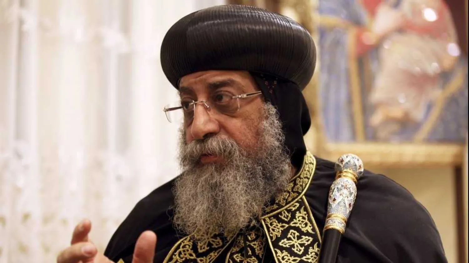 Egypt's Coptic Pope Tawadros II speaks from the historic al-Muharraq Monastery, February 5, 2013. (AP/Khalil Hamra)