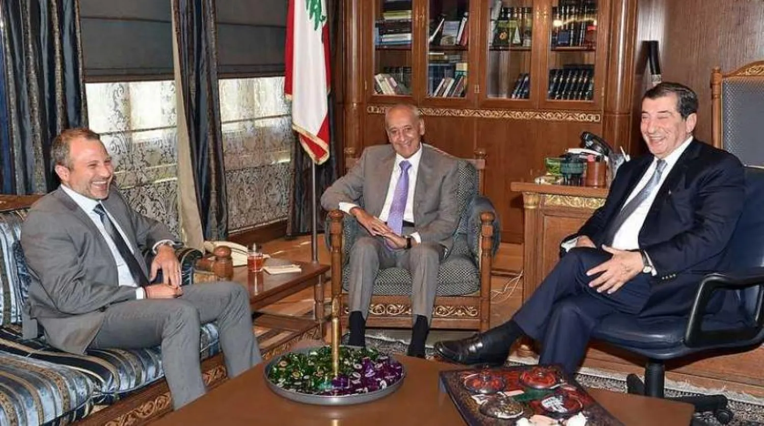 Speaker Nabih Berri with Deputy Speaker Elie Ferzli and Caretaker Foreign Minister Gebran Bassil at Berri's Ain-el-Tineh residence /NNA