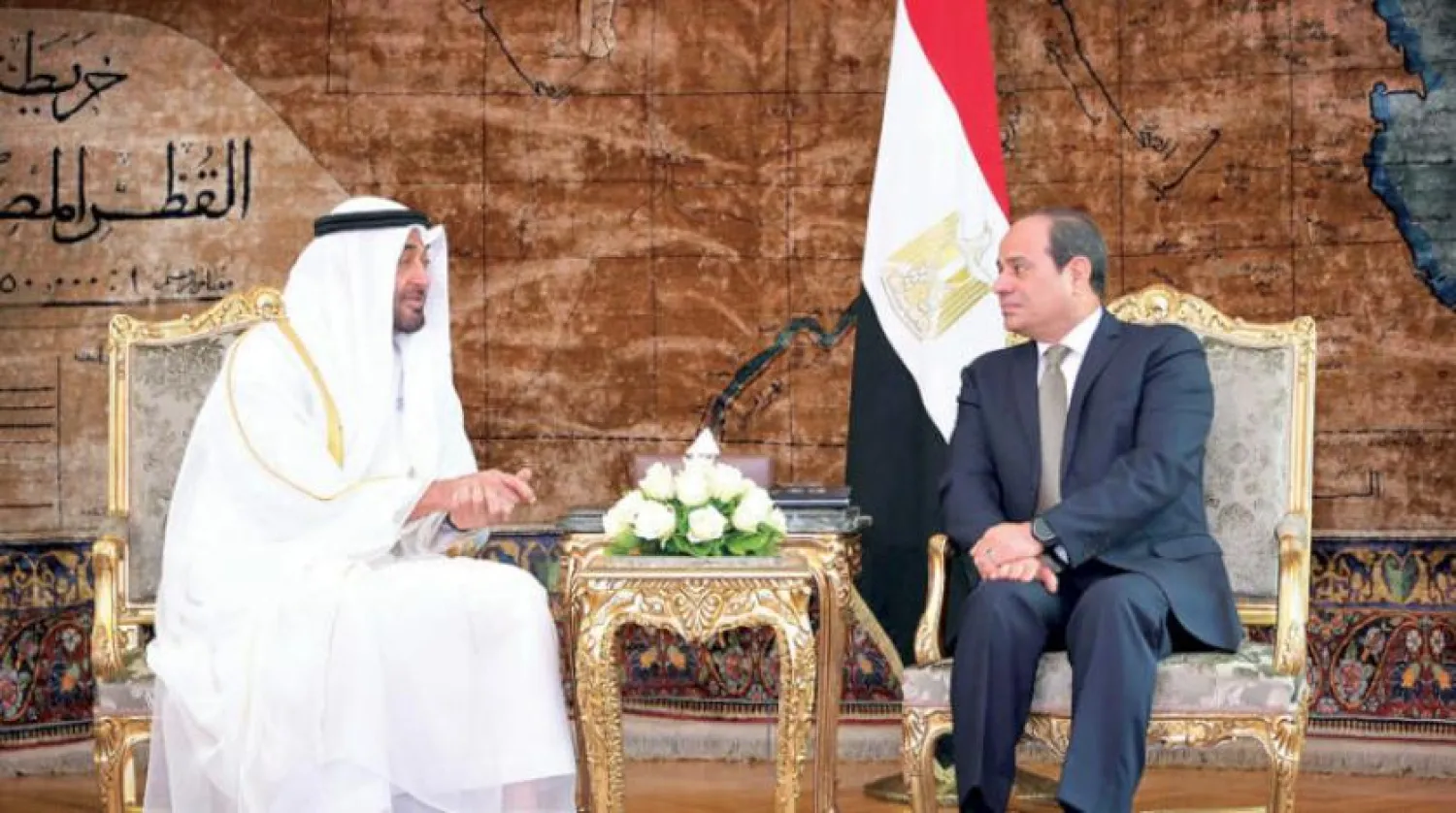 Egypt’s President Abdel Fattah el-Sisi receives Sheikh Mohammed bin Zayed Al Nahyan in Cairo on Tuesday (Asharq Al-Awsat)