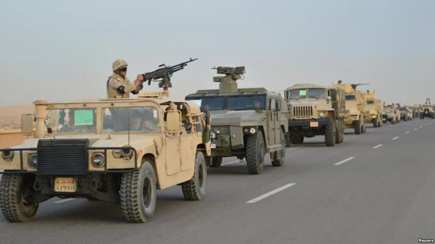 Egyptian Army armored vehicles are seen on a highway traveling toward north Sinai during a launch of a major assault against militants, in Ismailia, Egypt, in this undated handout picture made available by Egypt's Ministry of Defense Feb. 9, 2018. Reuters

