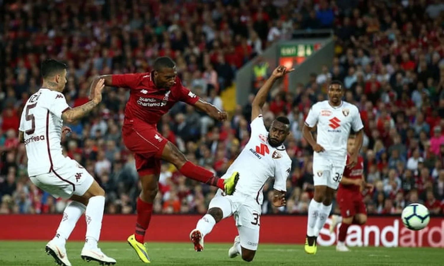  Daniel Sturridge shoots during the pre-season friendly between Liverpool and Torino at Anfield. The forward has been in fine form. Photograph: Jan Kruger/Getty Images
