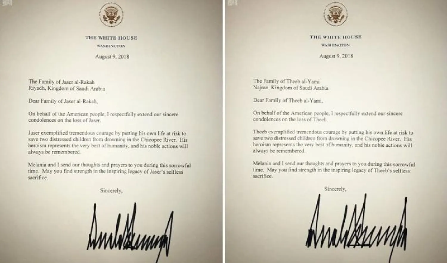 صورتان للبرقيتين اللتين بعثهما الرئيس الأميركي دونالد ترمب لعائلتيْ الطالبين السعوديين اللذين استشهدا غرقًا في ولاية ماساتشوستس (واس)