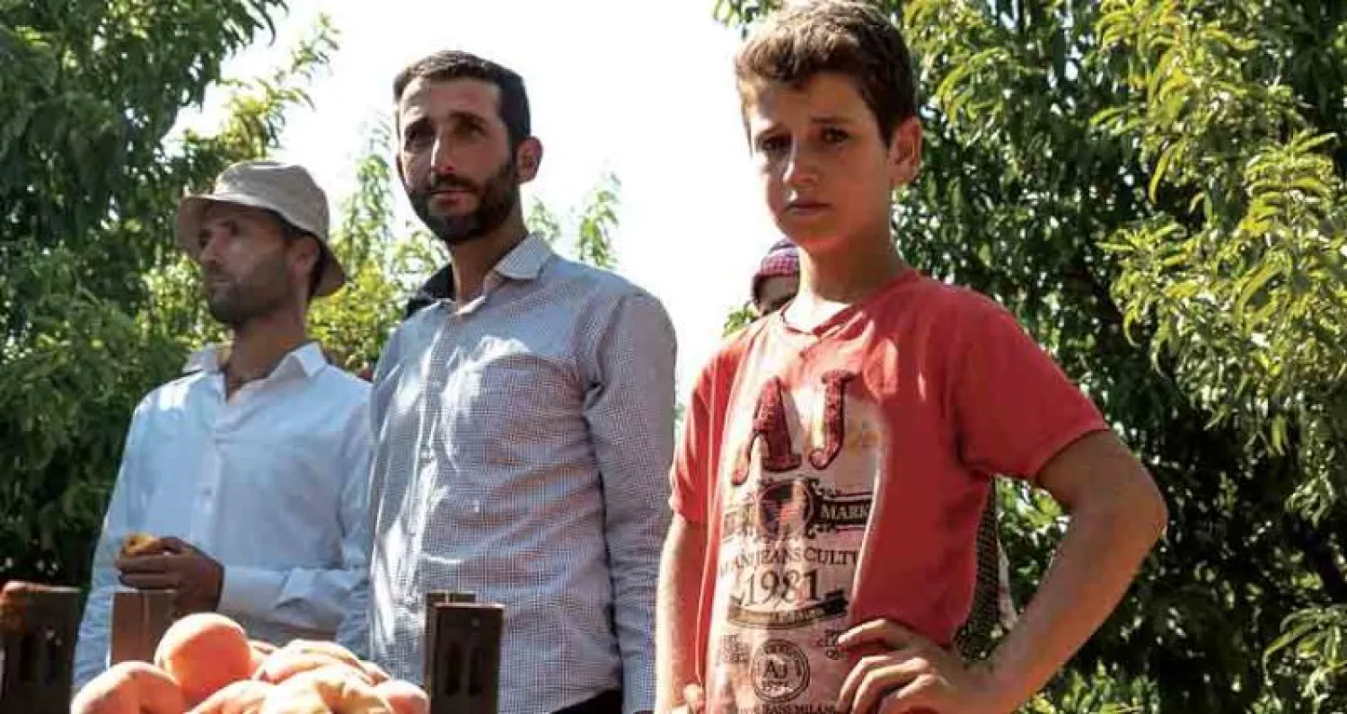 مزارعون أمام سلل منتوجهم من الدراق في قرية رحبة خطاب بريف حماة وسط سوريا (أ.ف.ب)