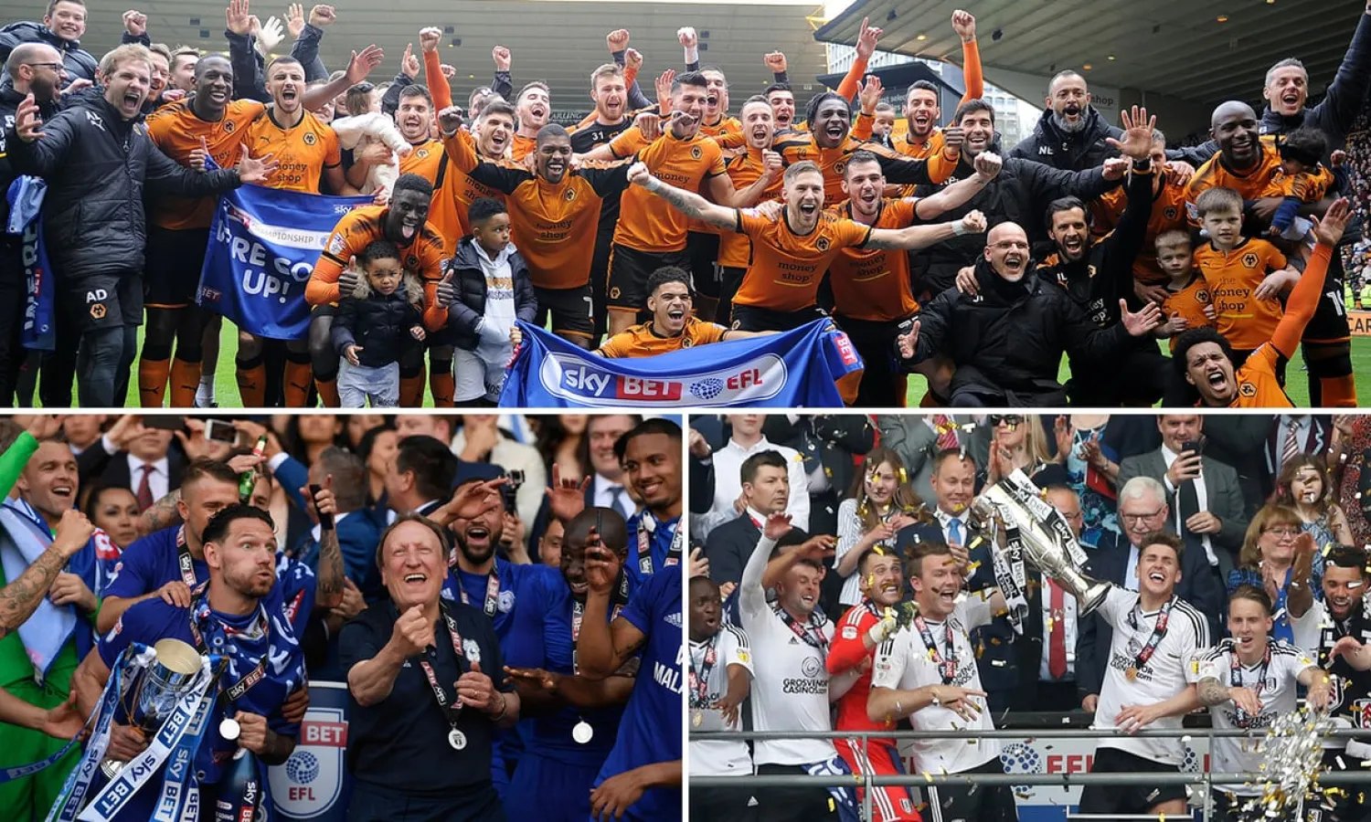 Wolves, Fulham and Cardiff City celebrate promotion. Composite: Getty Images, Action Images