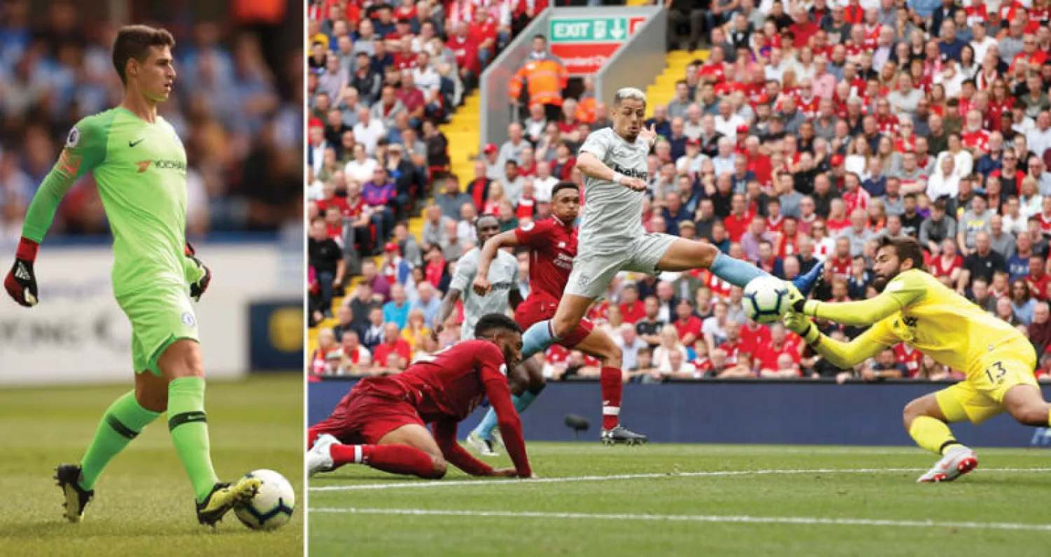 أليسون حارس ليفربول ينقذ هدفاً من تسديدة مهاجم وستهام خافيير هيرنانديز (رويترز)  -  كيبا ضمه تشيلسي ليصبح أغلى حارس في العالم (أ.ف.ب)