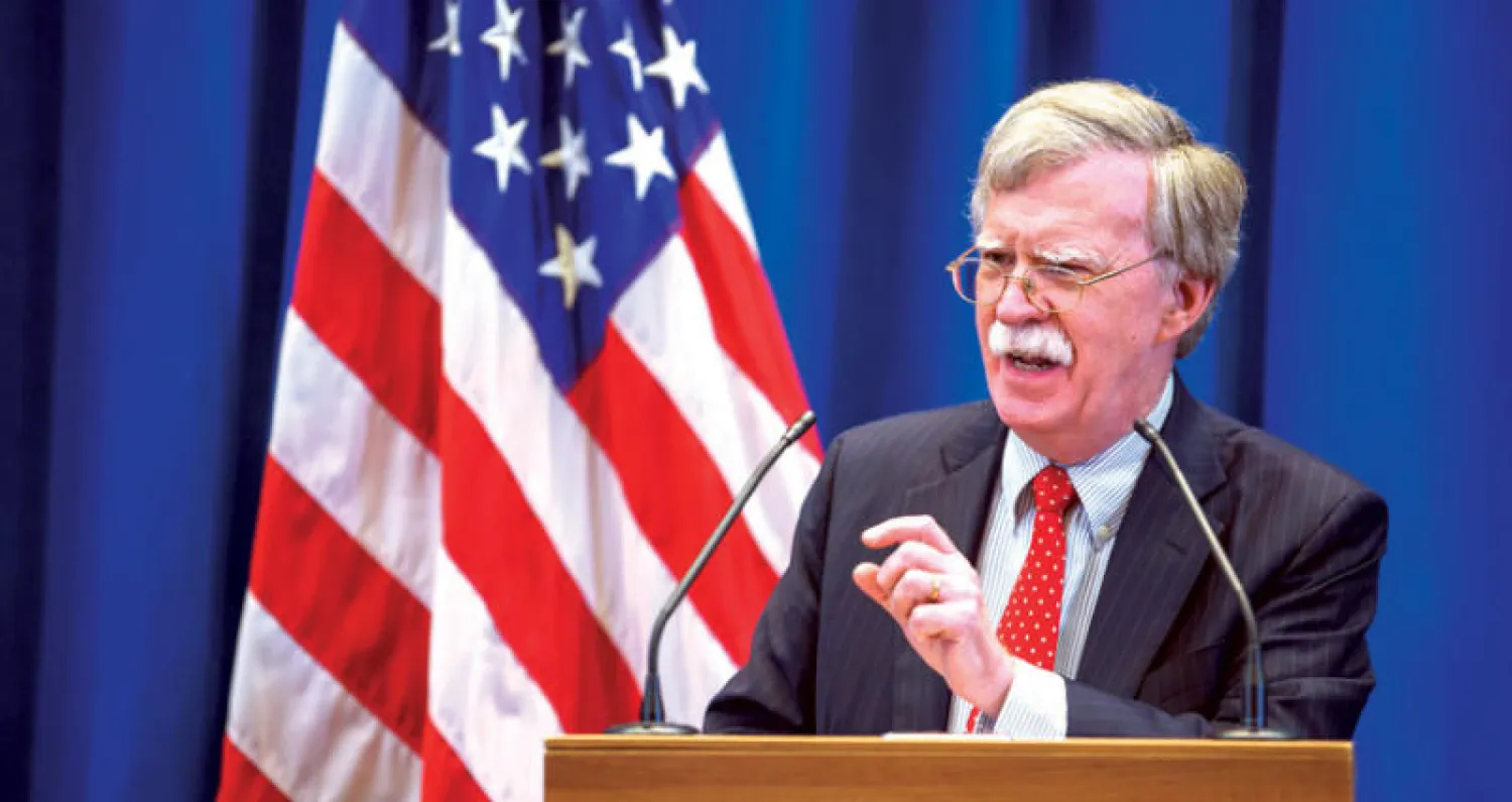 مستشار الأمن القومي الأميركي جون بولتون يتحدث في مؤتمر صحافي بعد لقائه نظيره الروسي في جنيف أمس (إ.ب.أ)