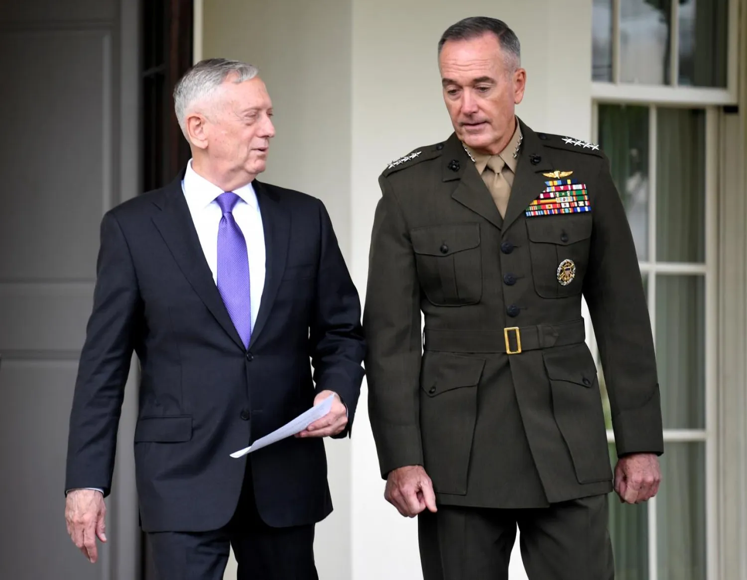 Secretary of Defense James Mattis (L) walks with Chairman of the Joint Chiefs of Staff Gen. Joseph Dunford from the West Wing of the White House in Washington, US, September 3, 2017. REUTERS/Mike Theiler