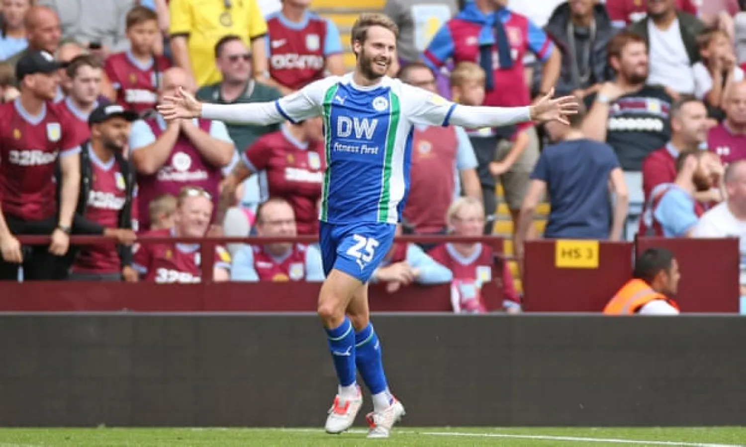  Nick Powell of Wigan Athletic celebrates after equalising in last weekend’s 3-2 defeat at Aston Villa. Photograph: TGSPhoto/Rex/Shutterstock

