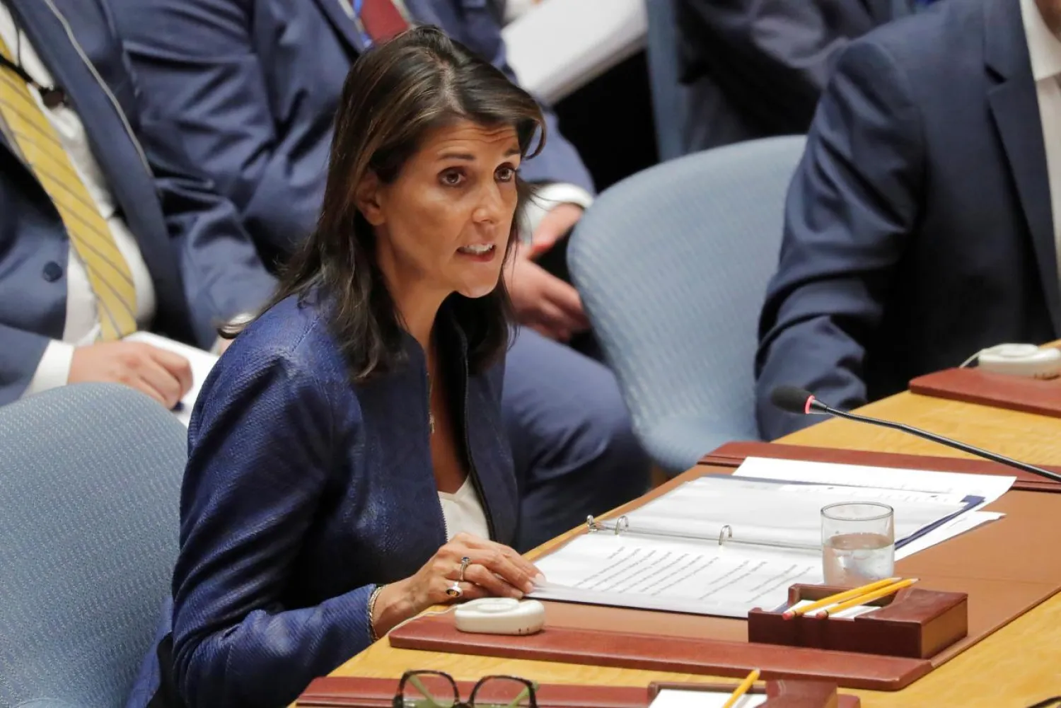 US Ambassador to the United Nations Nikki Haley speaks during a United Nations Security Council meeting at United Nations (UN) headquarters in New York City. August 23, 2018. REUTERS/Lucas Jackson