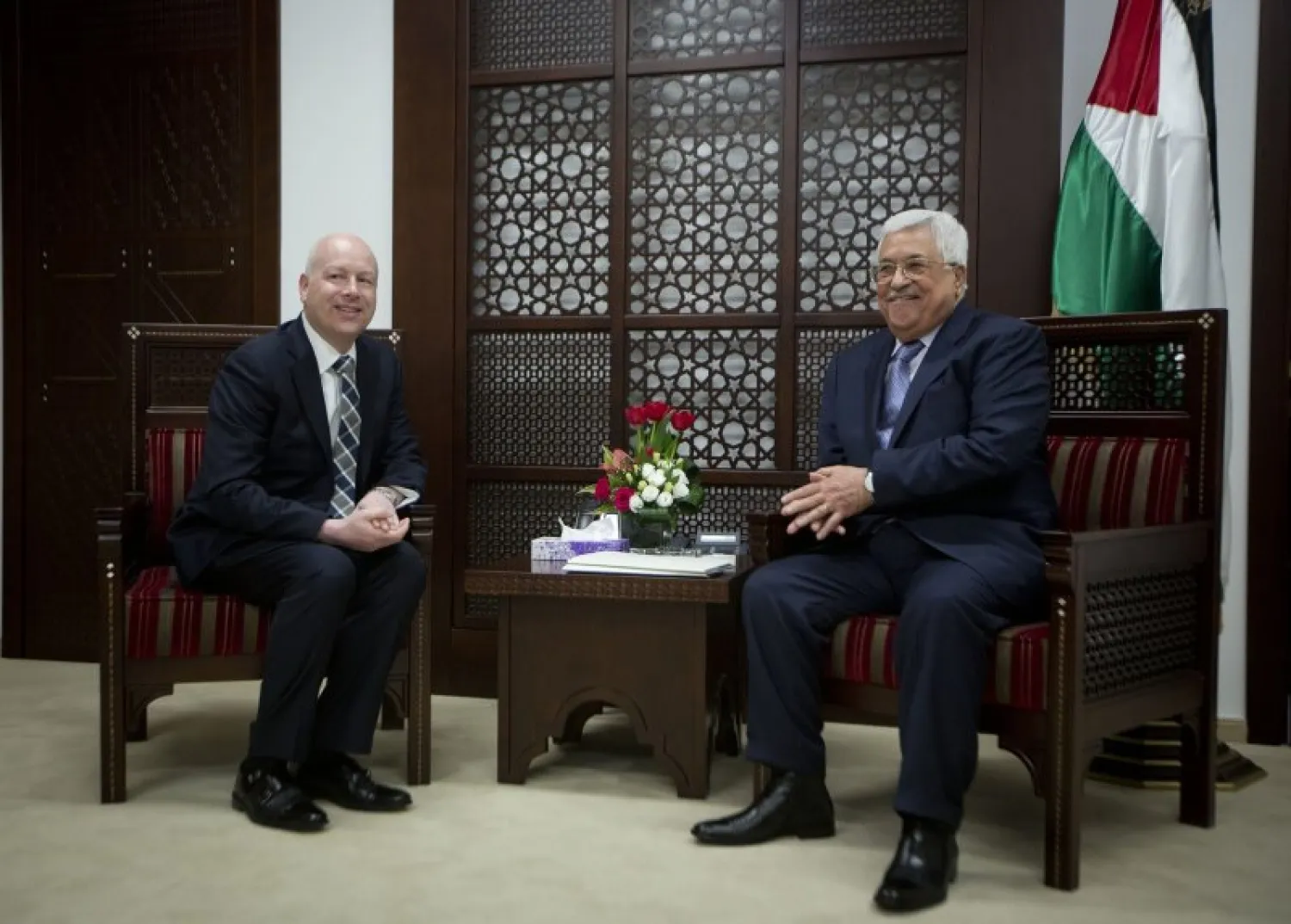 US Envoy to the Middle East Jason Greenblatt, left, meets with Palestinian Authority President Mahmoud Abbas at the President's office in the West Bank city of Ramallah, Tuesday, March 14, 2017. (AP Photo/Majdi Mohammed)