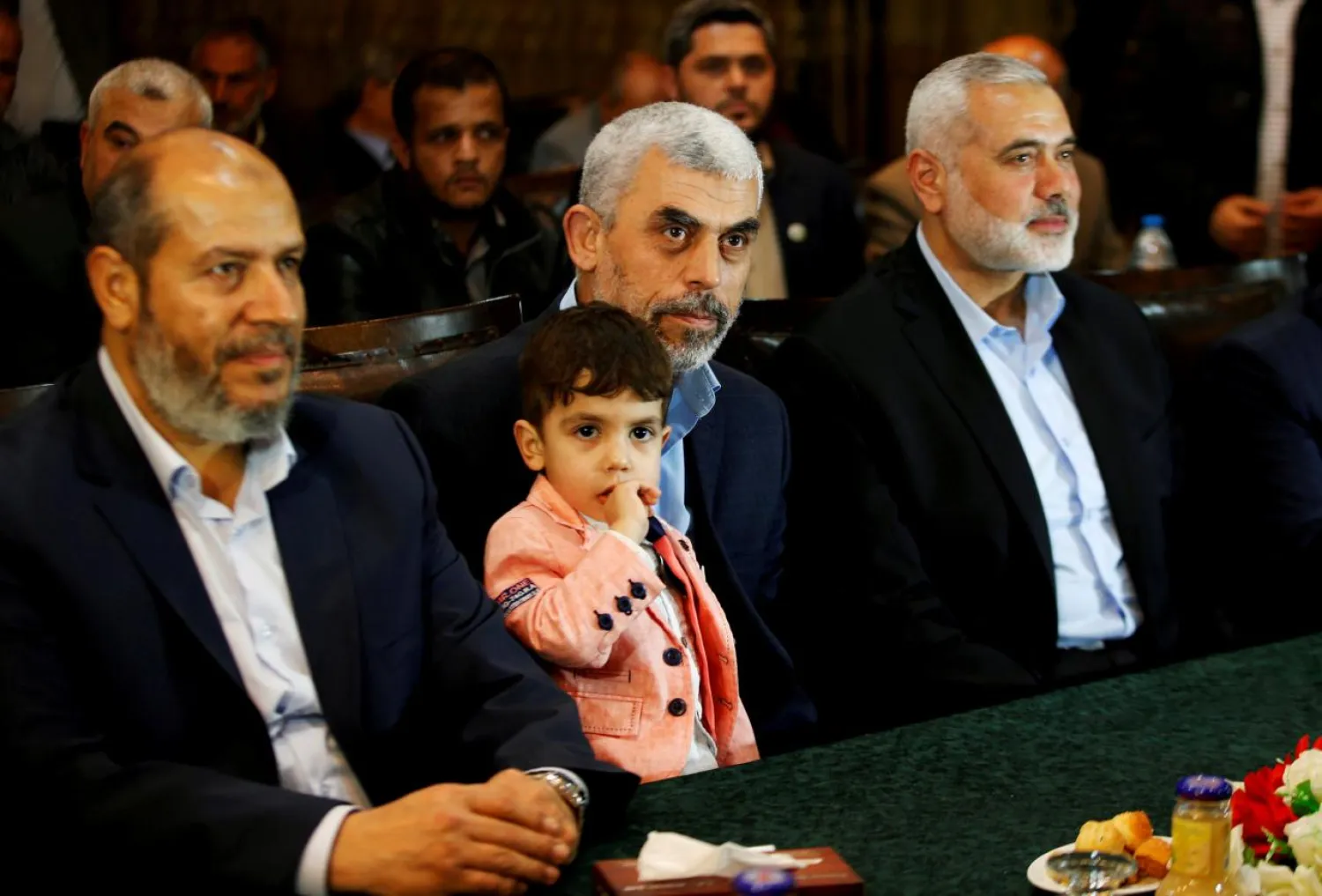 Hamas leader Ismail Haniyeh (R) and Hamas Gaza Chief Yahya Al-Sinwar attend a ceremony announcing a new policy document, in Gaza City May 1, 2017. REUTERS/Mohammed Salem/File Photo