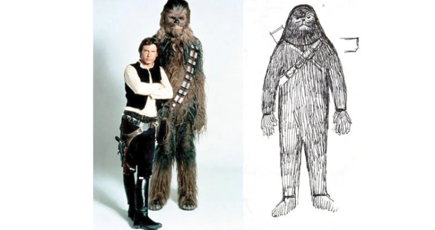 ملابس شخصية «شوباكا» كما رسمها مولو وفي الفيلم  (لوكاس فيلم ليميتد - جون مولو)