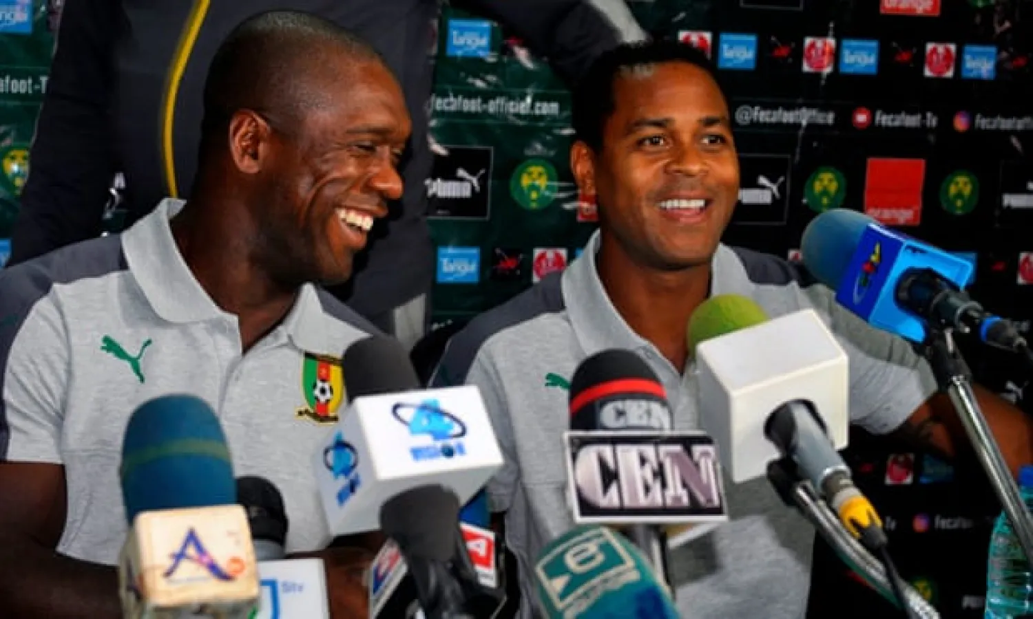  Clarence Seedorf and his assistant, Patrick Kluivert, are unveiled as Cameroon’s new management team in August. Photograph: Reinnier Kaze/AFP/Getty Images
