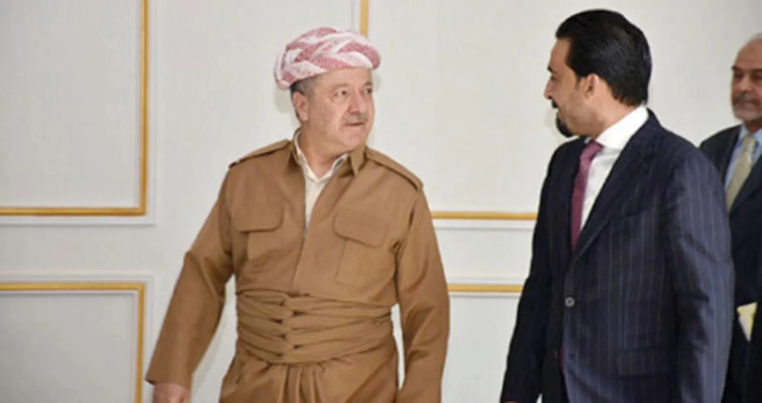 مسعود بارزاني لدى استقباله رئيس البرلمان العراقي محمد الحلبوسي أمس (رووداو)