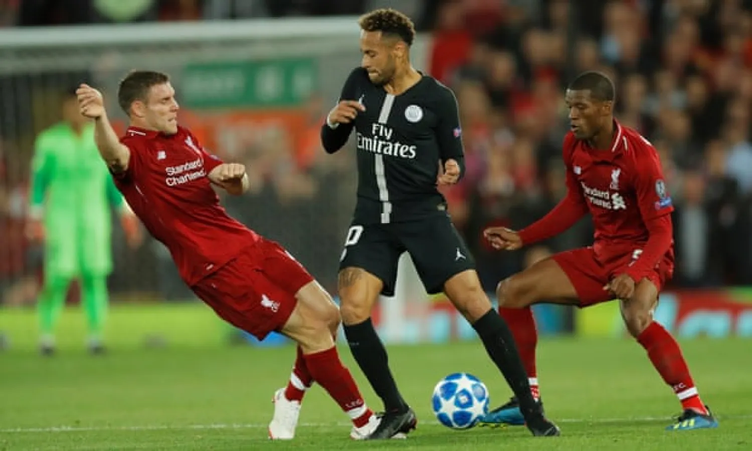  James Milner dispossesses Neymar during Liverpool’s Champions League win over PSG. Their midfield pressing was pivotal to the victory. Photograph: Tom Jenkins/Guardian
