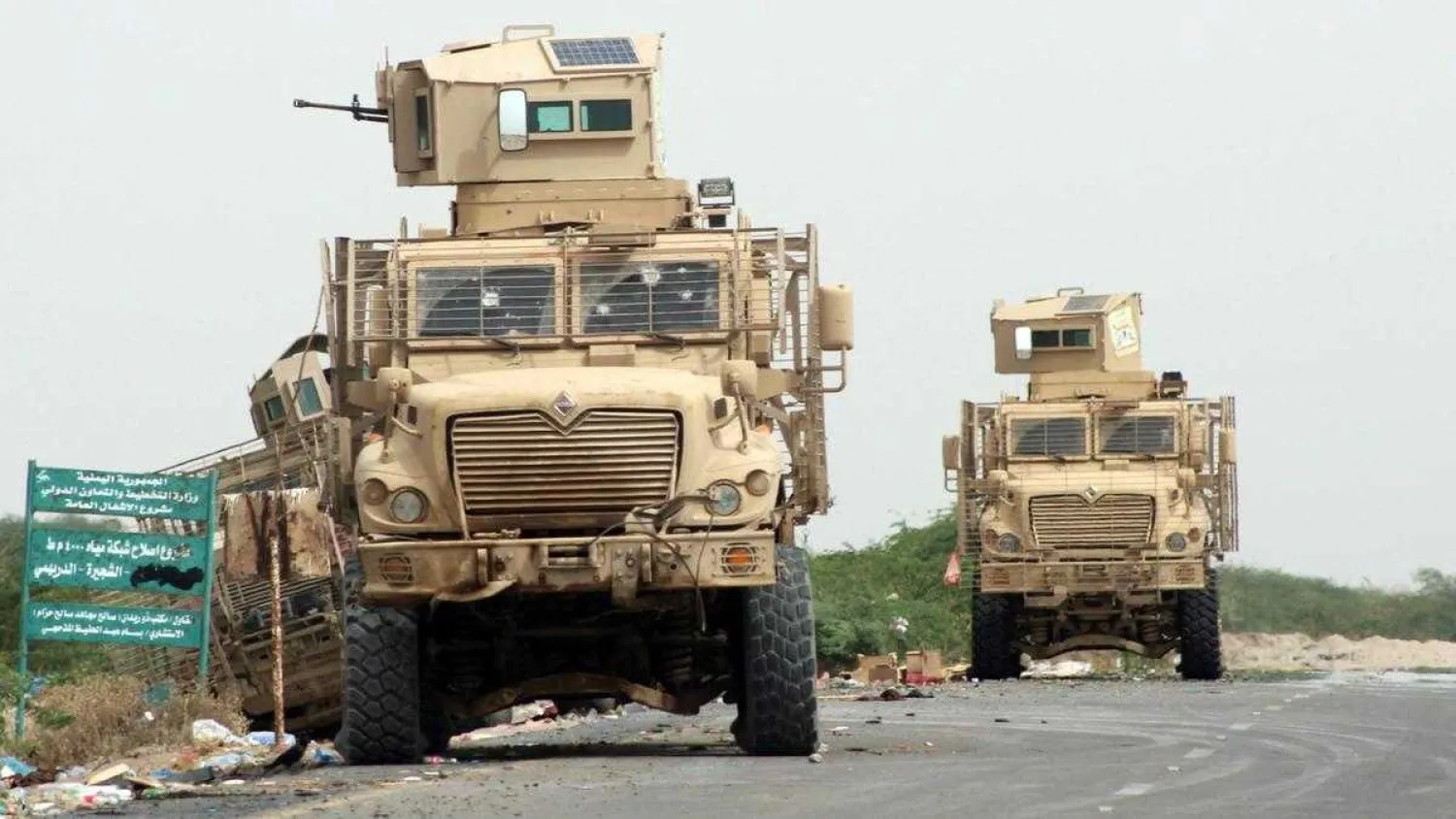 Armored vehicles belonging to the Amalqa ("Giants") Brigades, loyal to the Saudi-backed government, during the offensive to retake Hodeidah from Iran-backed Houthi rebels. AFP