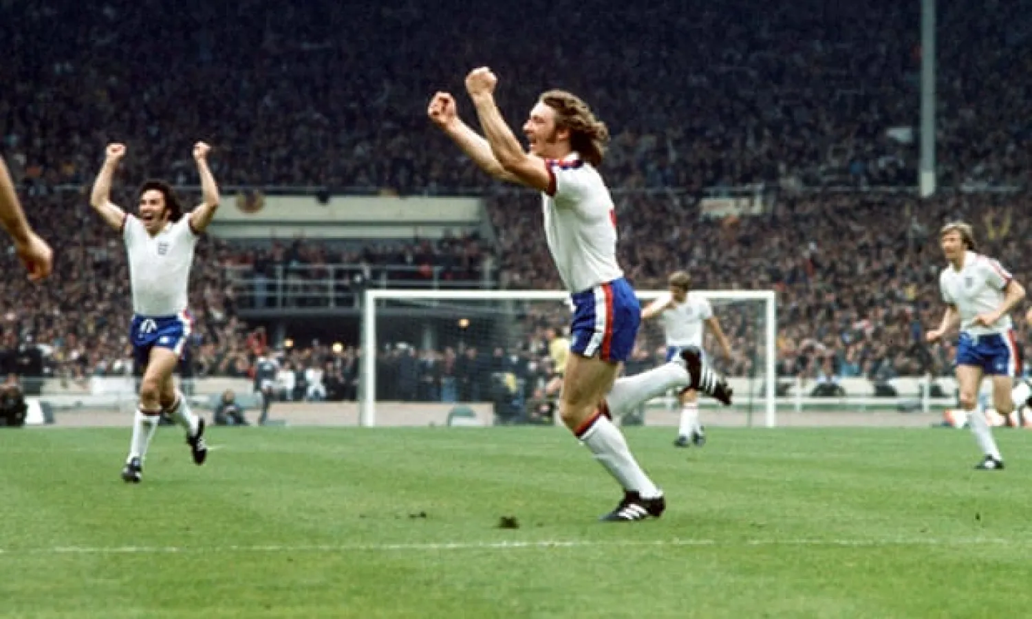  Kevin Beattie celebrates a goal for England during a 5-1 win against Scotland at Wembley in the British Home Championship, 1975. Photograph: Colorsport/Rex/Shutterstock

