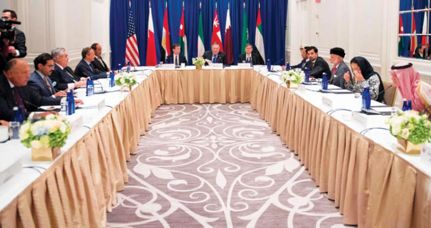 جانب من اجتماع وزراء خارجية دول مجلس التعاون الخليجي ومصر والأردن مع نظيرهم الأميركي في نيويورك أمس (أ.ف.ب)