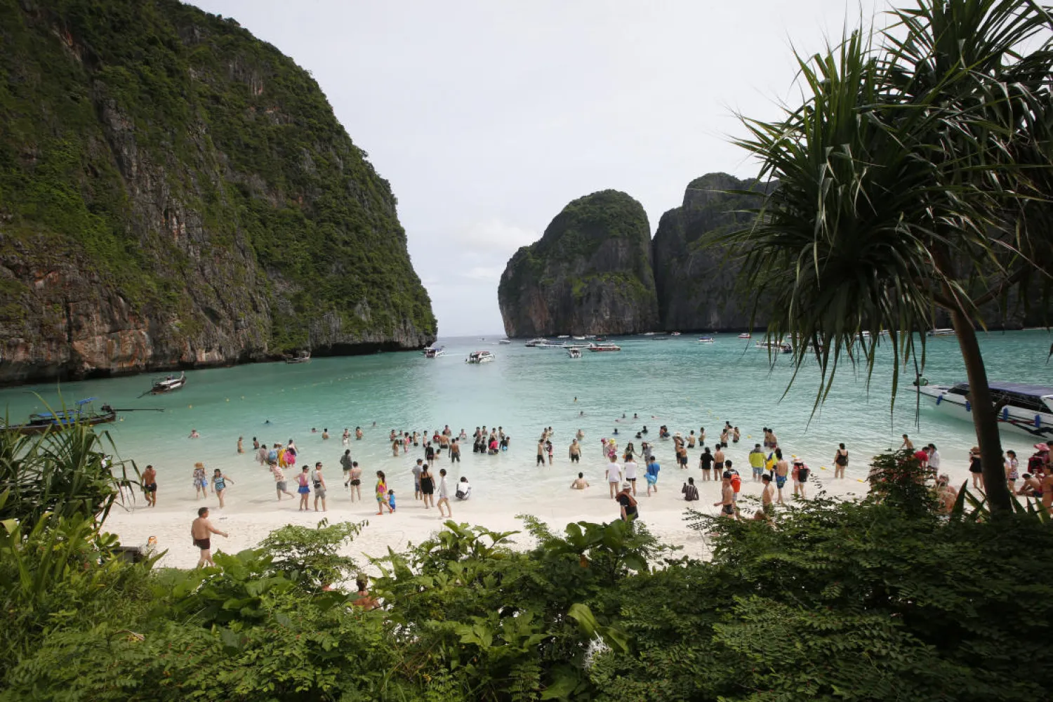 Tourists walk the beach of Maya Bay, Phi Phi Leh island in Krabi province, Thailand, which will close to tourists for four months from Friday to give its coral reefs and sea life a chance to recover. (AP)