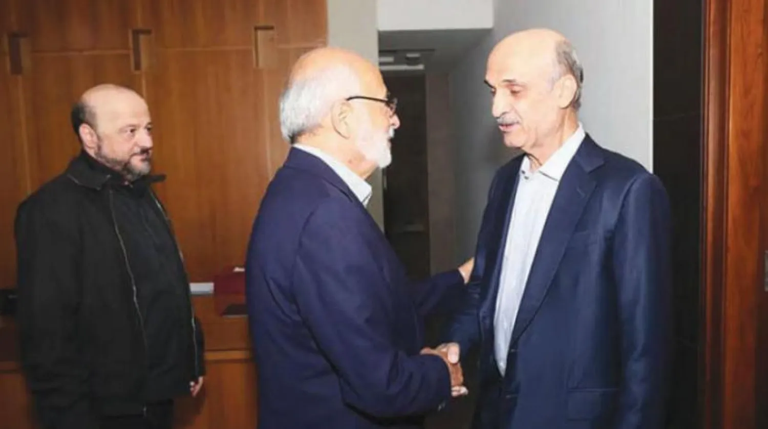 Executive Chairman of the Lebanese Forces Samir Geagea during his meeting with MP Akram Shehayeb in the presence of caretaker Information Minister Melhem Riachi. Lebanese Forces website

