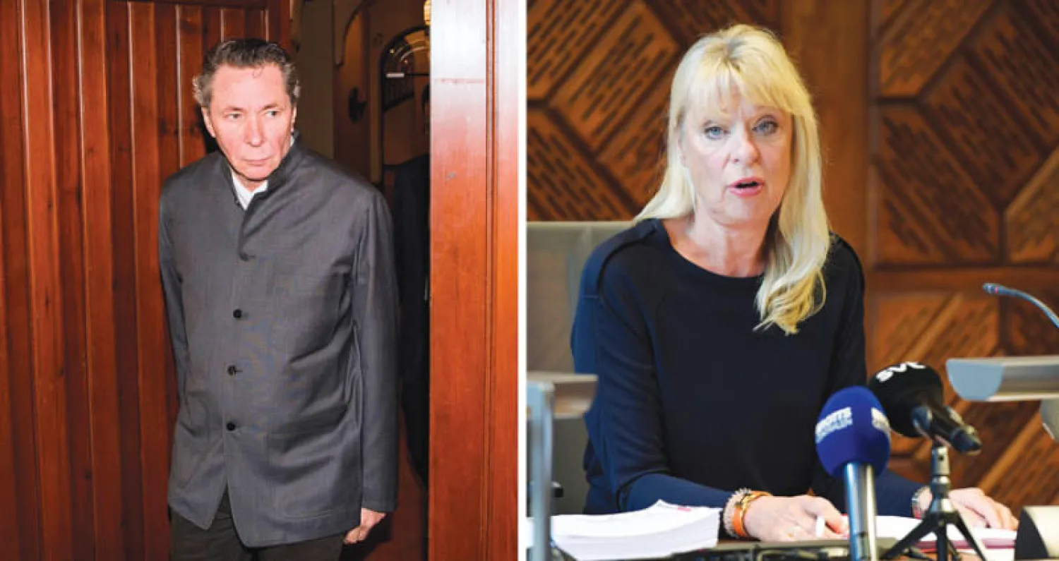 رئيسة المحكمة القاضية جودرون أنتيمار (أ.ف.ب)  -  أرنو خلال حضوره إلى المحكمة (أ.ف.ب)