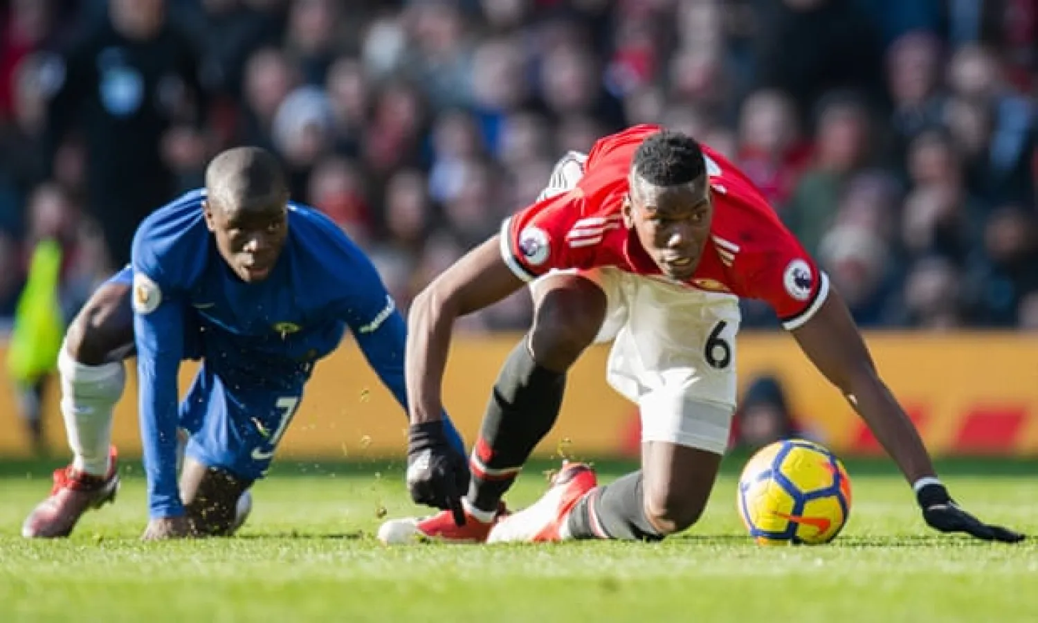  N’Golo Kanté (left) and Paul Pogba in combat for Chelsea and Manchester United. They play on the same side for France, and that seems to work rather well. Photograph: Peter Powell/EPA
