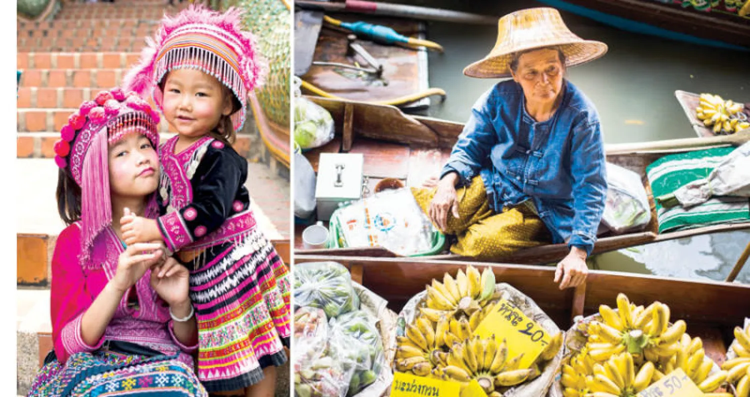 إحدى الأسواق العائمة في تايلاند (من السفارة التايلاندية بالقاهرة)  -  فتاتان ترتديان الزي التايلاندي التقليدي (من السفارة التايلاندية بالقاهرة)