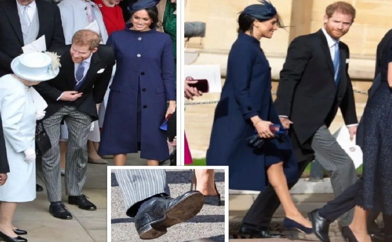 الأمير هاري وميغان ماركل مع الملكة إليزابيث الثانية خلال الزفاف وفي الإطار صورة تداولتها وسائل إعلام للحذاء