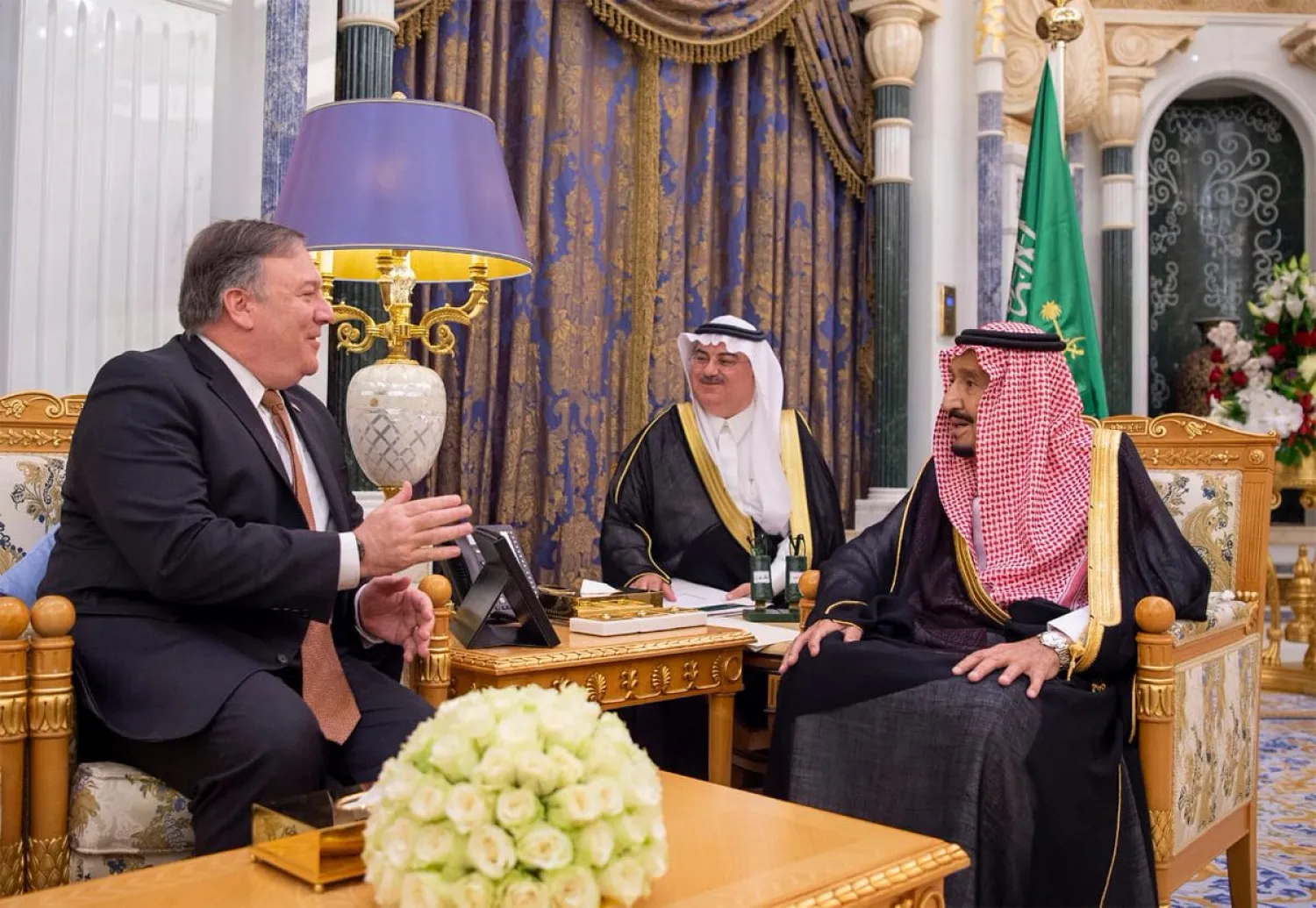 Custodian of the Two Holy Mosques King Salman bin Abdulaziz receives Pompeo in Riyadh.