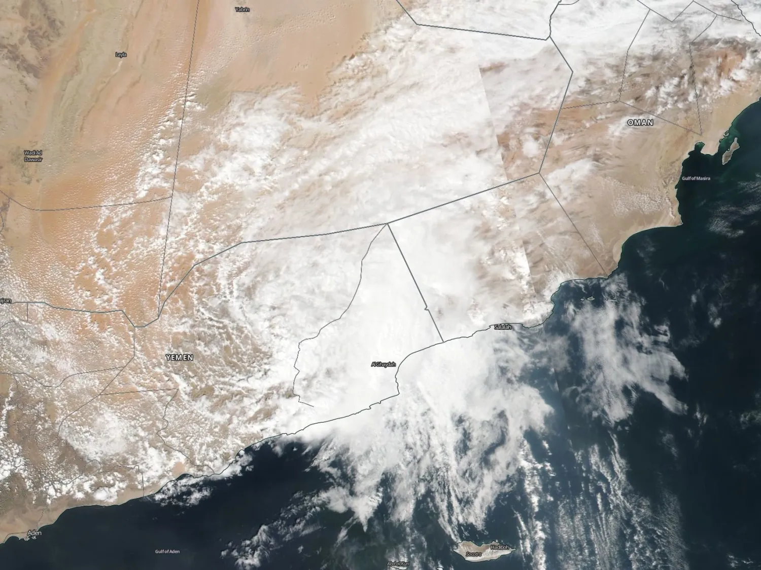 On Oct. 15, NASA-NOAA's Suomi NPP satellite passed over the Northern Indian Ocean and captured a visible image of the remnants of Tropical Cyclone Luban along the coast of Yemen and Oman. Credit: NASA Worldview, Earth Observing System Data and Information System (EOSDIS)/NOAA