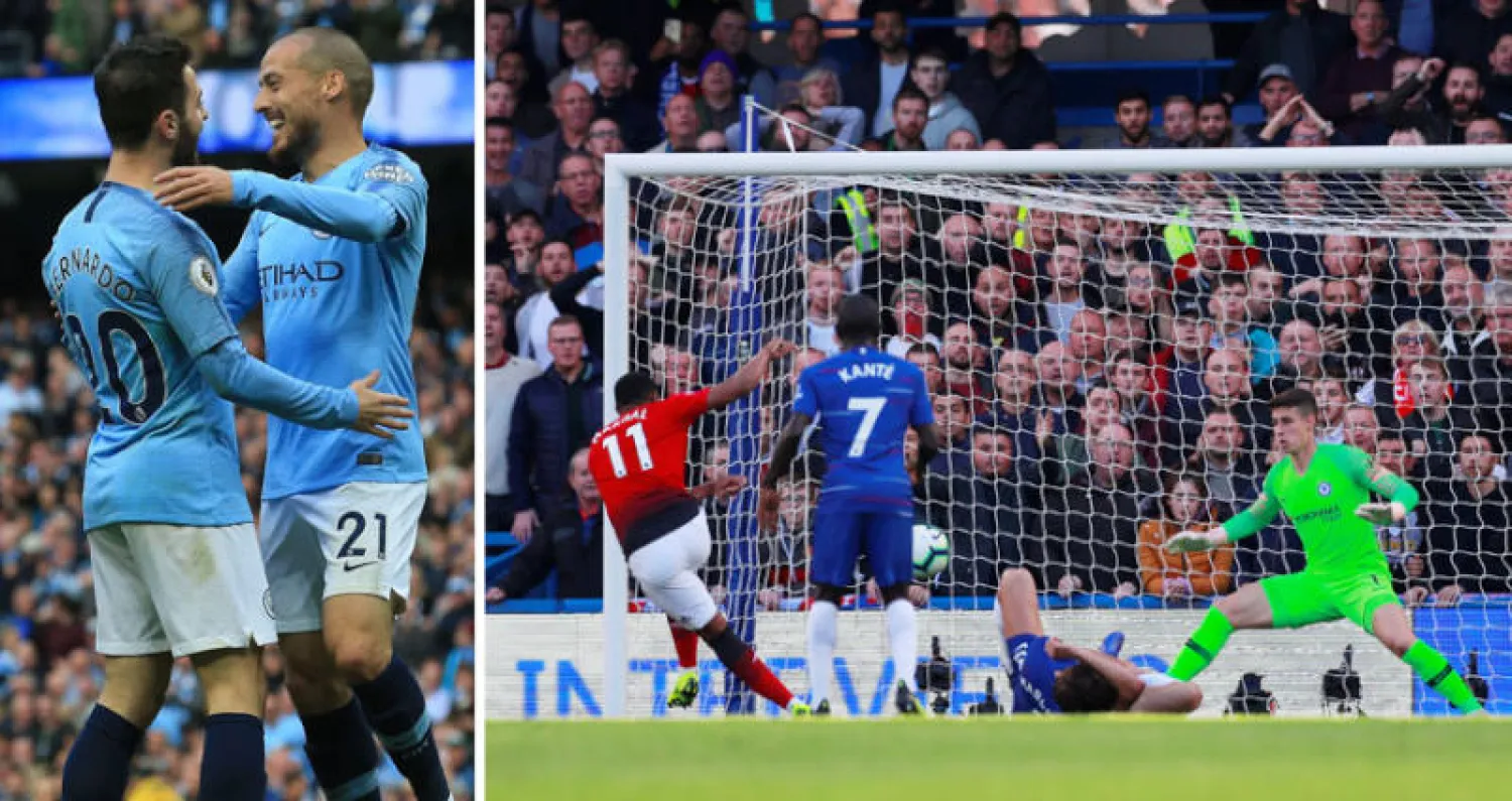 أنتوني مارتيال يتعادل لمانشستر يونايتد (رويترز)  -  برناردو سيلفا يحتفل مع ديفيد سيلفا بهدفه في شباك بيرنلي (أ.ف.ب)