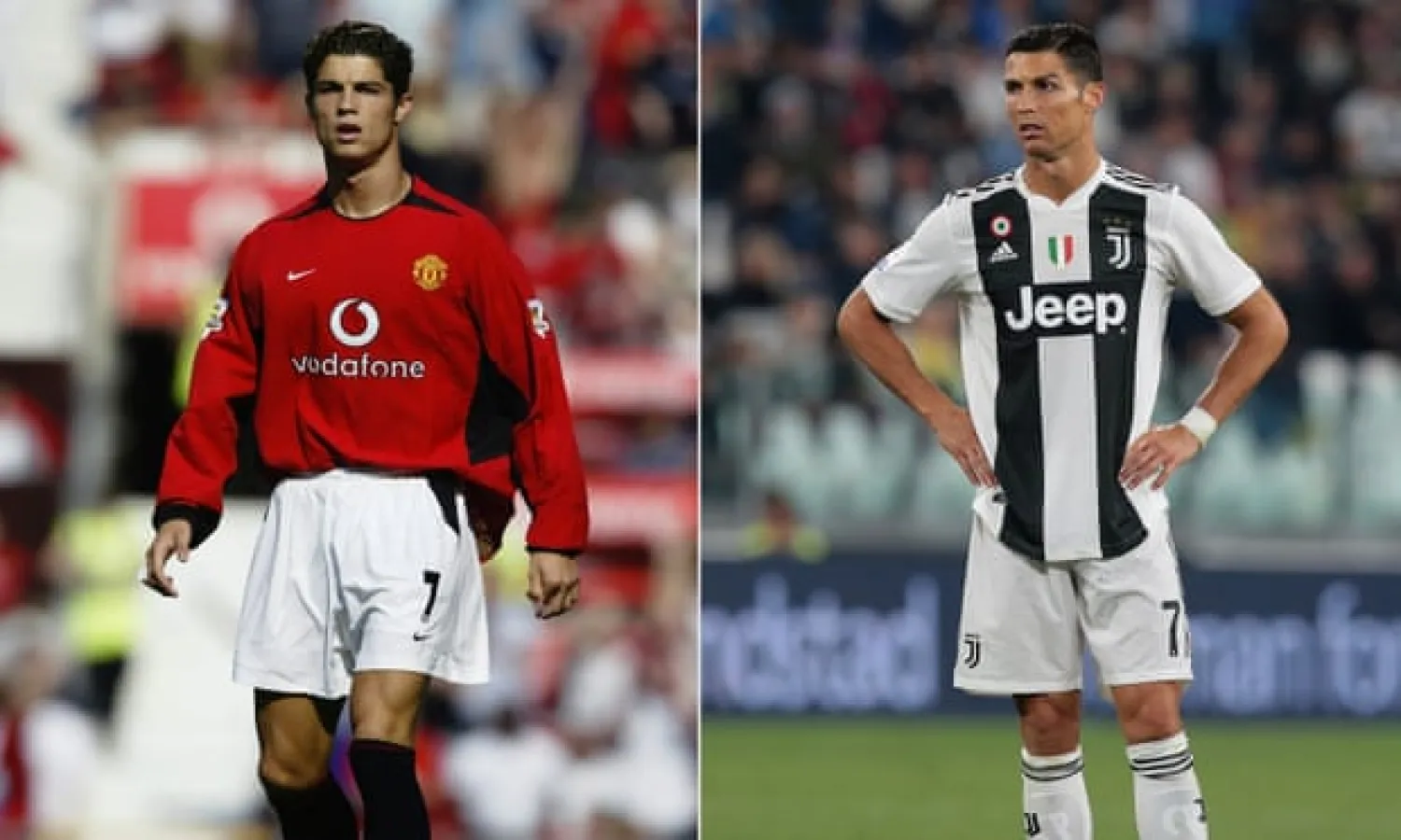  Cristiano Ronaldo’s debut for Manchester United (left) had George Best describing it as ‘the best I’ve ever seen’. Fifteen years on he returns to Old Trafford with Juventus. Photograph: Getty Images
