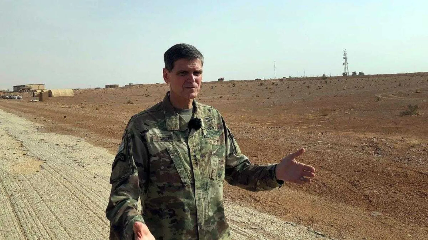 General Joseph Votel speaks to reporters during an unannounced visit to the Al Tanf military outpost. AP