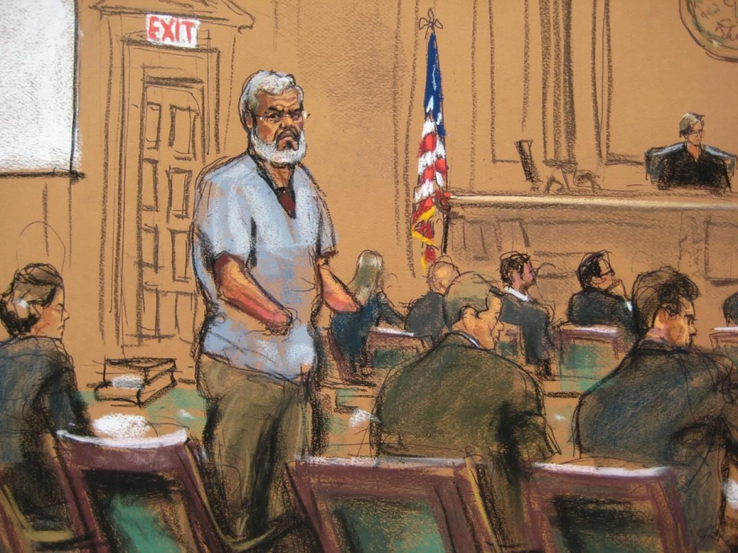 Abu Hamza al-Masri stands with his legal team in Manhattan federal court in New York in this artist's sketch, April 14, 2014. (Reuters)